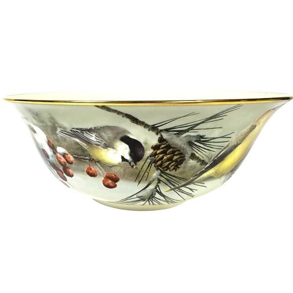 Lenox Winter Greetings McClung 9" Scenic Serving Bowl Gold Rim Cardinal Bird-New - Picture 4 of 8